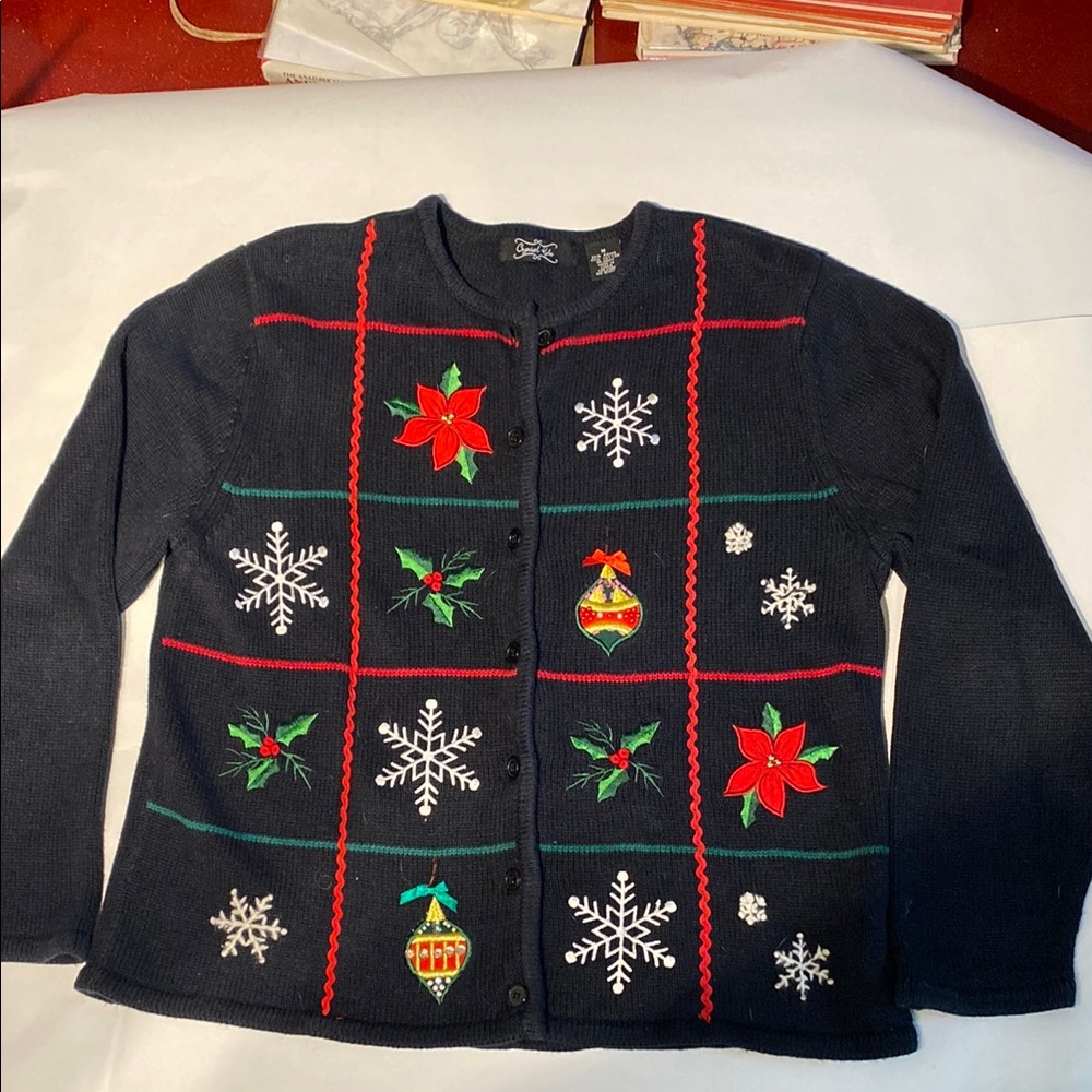 Festive Black Sweater with Holiday Embroidery